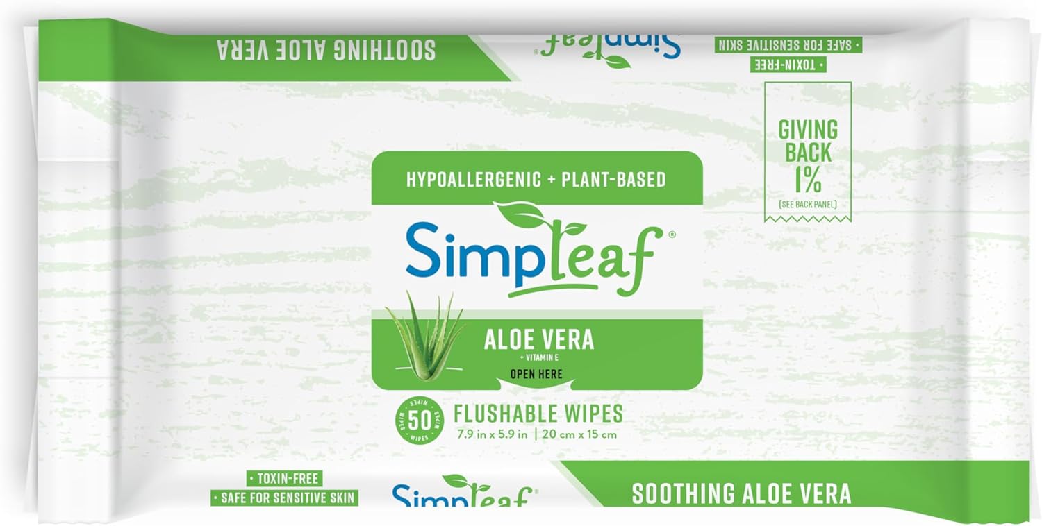 Simpleaf Flushable Wet Wipes Aloe Vera | Plastic Free, Paraben & Alcohol Free | Hypoallergenic & Safe for Sensitive Skin | Soothing Aloe Formula | Adult Toilet Wipes (6 x 50 Counts Pack) 300 Counts