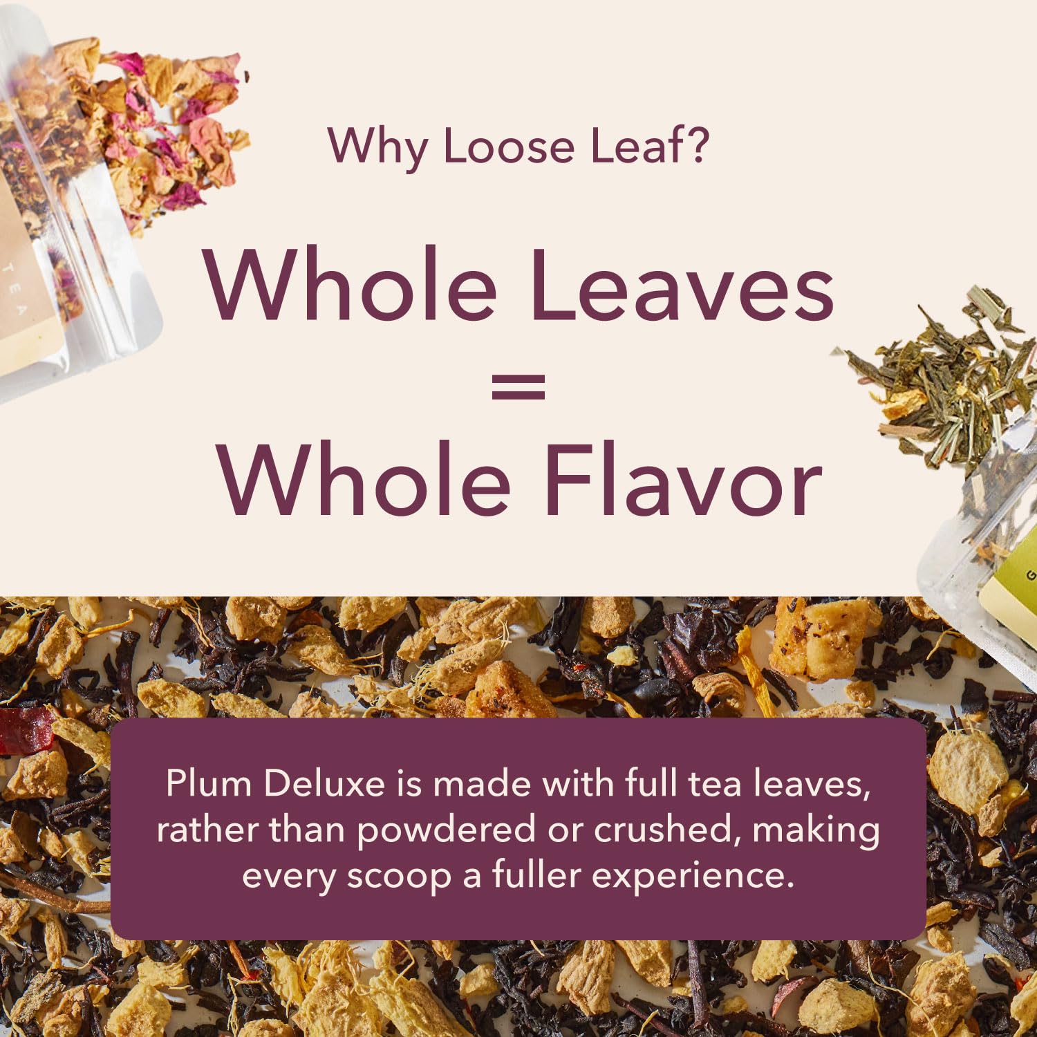 Loose Leaf Tea Sampler – 5 Caffeinated Blends Including Creme Brulee Earl Grey, Peach Oolong, Citrus Mint, Pecan and Floral Black – 75 to 100 Cups – Handcrafted in USA – Plum Deluxe