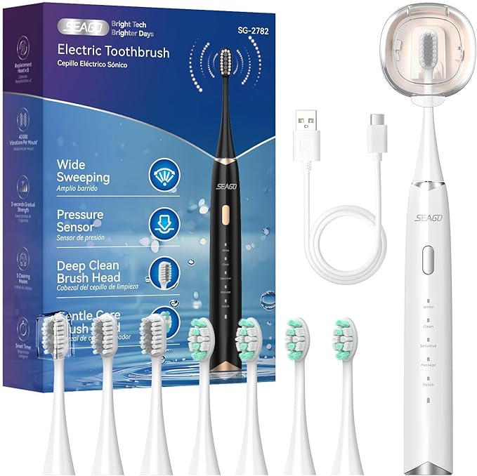 SEAGO Electric Toothbrush for Adults with Pressure Sensor, Sonic Toothbrushes Holder Wall Mounted, 30 Days Battery Life, 5 Cleaning Modes, 8 Replacement Heads, Timer & IPX7 Waterproof(White, Middle)
