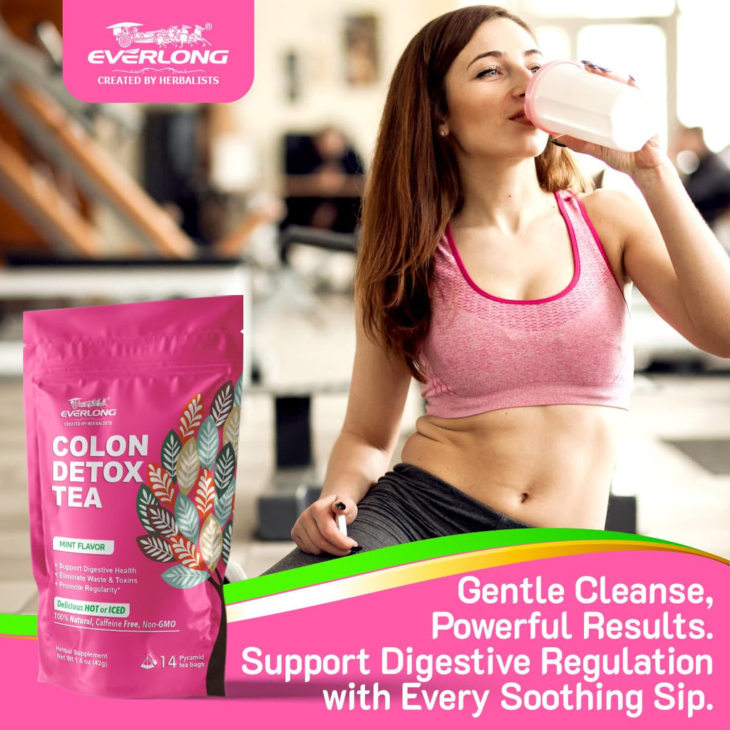 EVERLONG Colon Detox Tea - Dandelion Leaf with Senna, Gynostemma, Lotus Leaf, Spearmint for Colon Cleanse and Digestive Health, Promote Regularity - 14 Herbal Tea Bags, All Natural, Caffeine-Free