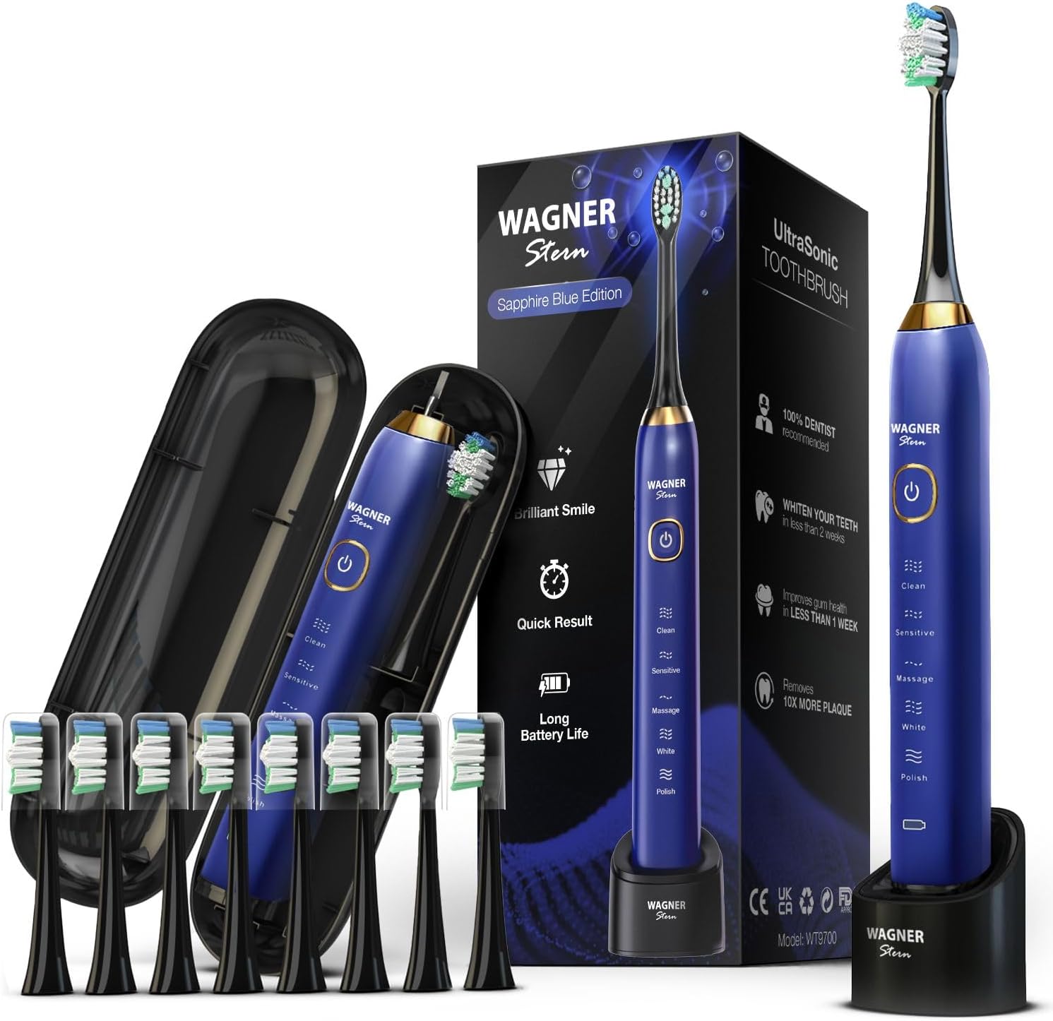 Wagner Stern The Sapphire Blue Edition ultrasonic whitening Electric Toothbrush Features Five Brushing Modes, Eight Soft Brush Heads, and a Premium Travel case.