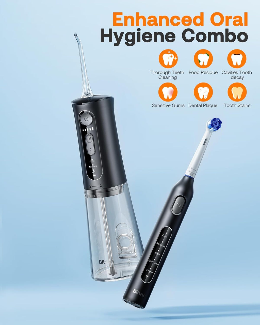 Bitvae Water Dental Flosser Teeth Picks, Cordless Water Flosser for Teeth, Braces, Dental Care and Rechargeable Rotary Electric Toothbrush Combo Set, 4 Tips, 4 Brush Heads, Waterproof, Black, C5+R1