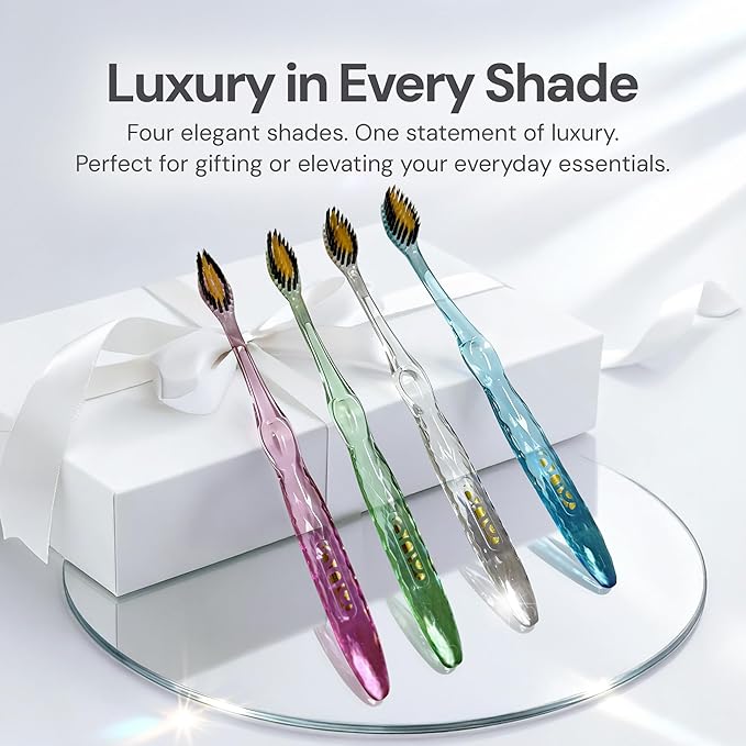 Nano-b Manual Toothbrush Set for Adults with Sensitive Gums, Gold & Charcoal Soft/Medium Bristles, Travel Cases, Blue, Pink, Green, Crystal, 8-Pack