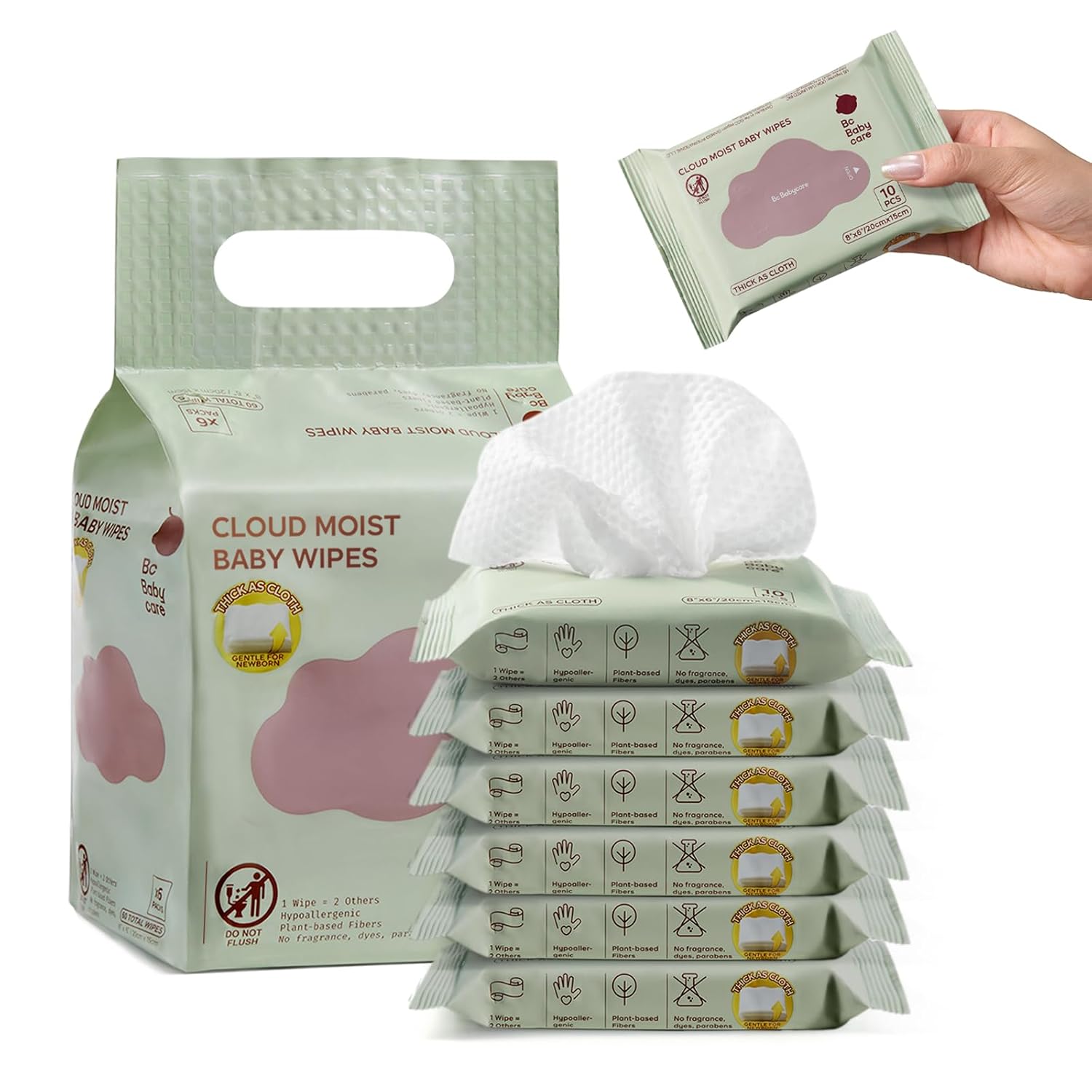 Bc Babycare Cloud Moist Baby Travel Wipes, 6 Pack, On The Go Pocket Size, Ultra Thick, 99% Water, Unscented, Hypoallergenic for Sensitive Skin, Biodegradable
