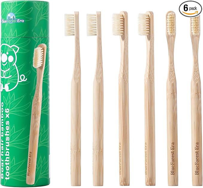 Boar Bristles & Bamboo Toothbrush, Premium Boar Bristle Toothbrush for Adult, Plastic & Nylon Free, Eco-Friendly Natural Biodegradable Compostable Bamboo Tooth Brushes 6 Pack