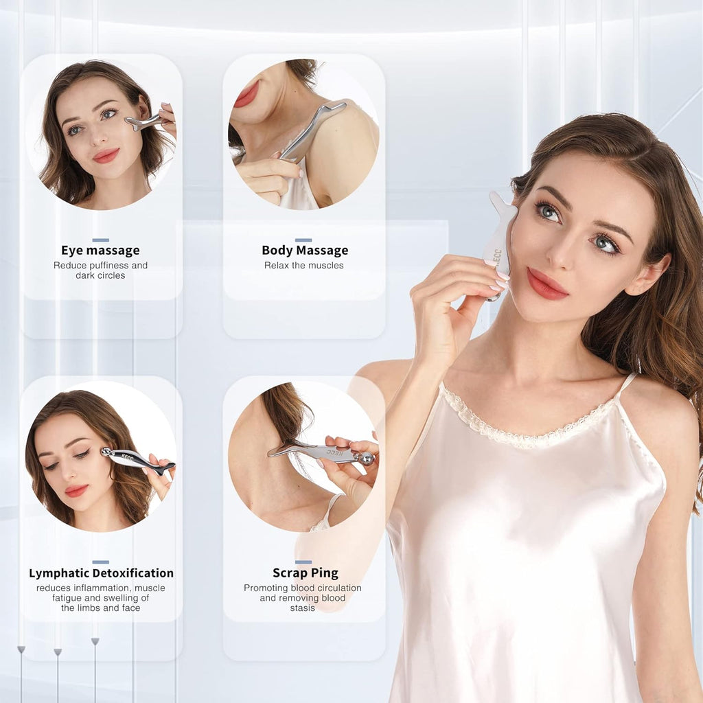 KECC Gua Sha Facial Massager (Fishtail),Stainless Steel Cold Roller Sticks for Face Eyes,Crescent Line Chin Lift Tightening Skin Tool, 4 Edges Drainage Sculpting Beauty Tool