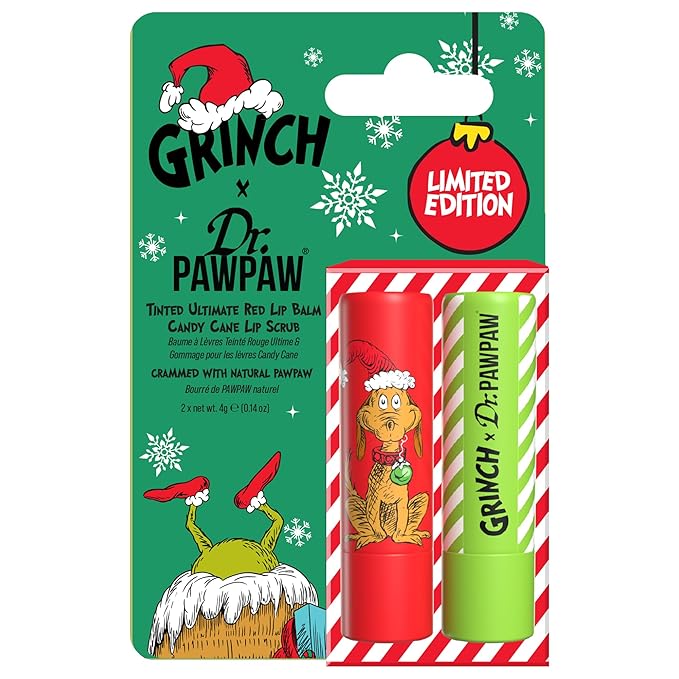 Dr. PawPaw The Grinch Set - Candy Cane and Ultimate Red - Lip Scrub and Natural Lip Balm - Gluten Free Care to Exfoliate, Moisturize, Nourish - 2 pc