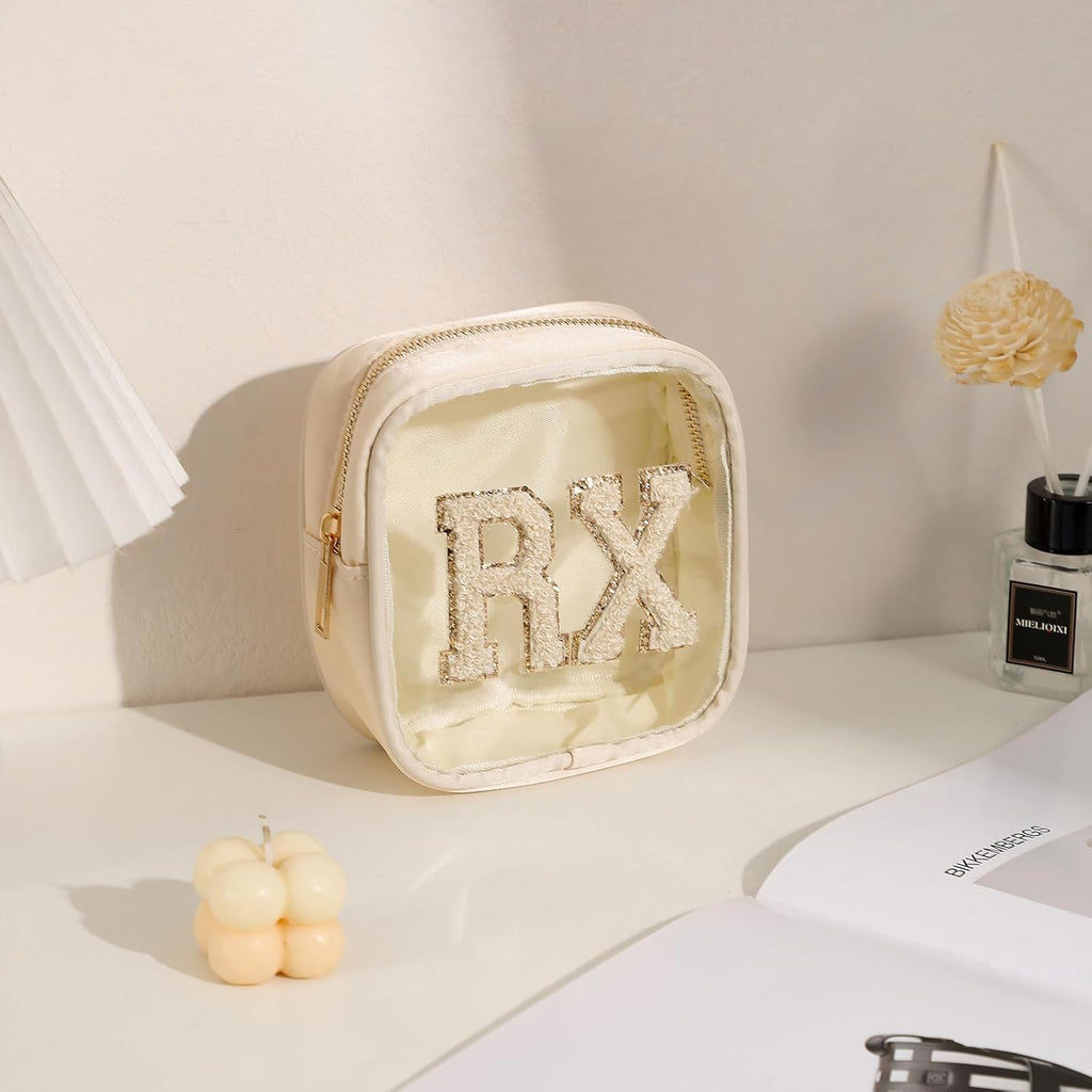 Small Chenille Letter Clear Medicine Makeup Bags,Nylon PVC Waterproof Rx Pouch with Metal Zipper, Cute Drug First Aid Travel Organizer for Women Girls(06Beige)
