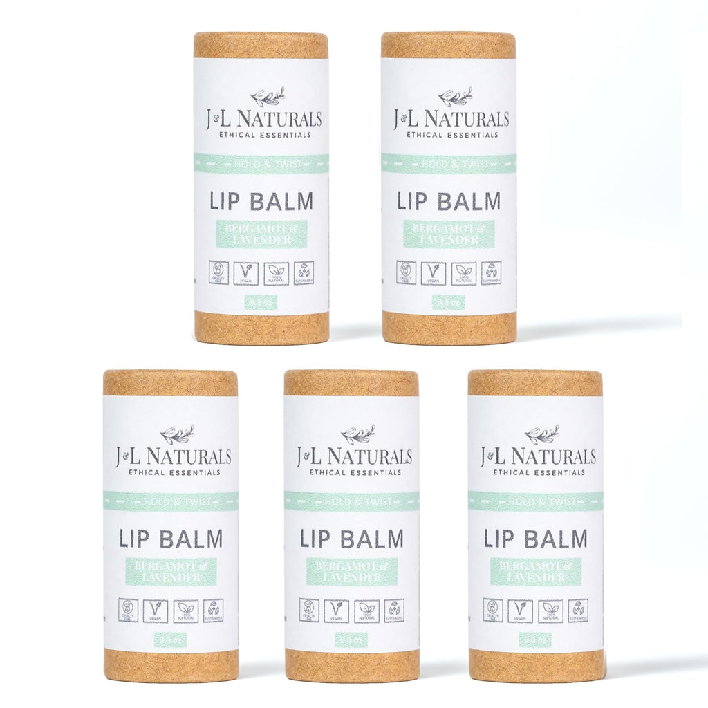 J&L Naturals Sustainable Lip Balm | Organic Ingredients, 100% Natural, Eco-Friendly | Cruelty Free, Vegan, Paraben Free, Silicone Free (Bergamot & Lavender, 5-Piece Bundle)