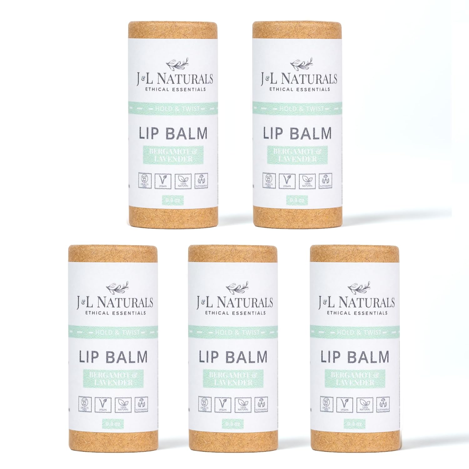 J&L Naturals Sustainable Lip Balm | Organic Ingredients, 100% Natural, Eco-Friendly | Cruelty Free, Vegan, Paraben Free, Silicone Free (Bergamot & Lavender, 5-Piece Bundle)