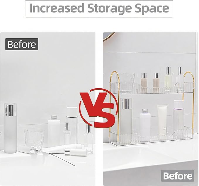 YCIA&DONE 2 Tiers Narrow Vanity Makeup Organizer, Bathroom Organizer Countertop Slim, Perfume Holder Skincare Storage Cosmetic Shelf Spice Rack, for Small Desktop Space, White Clear