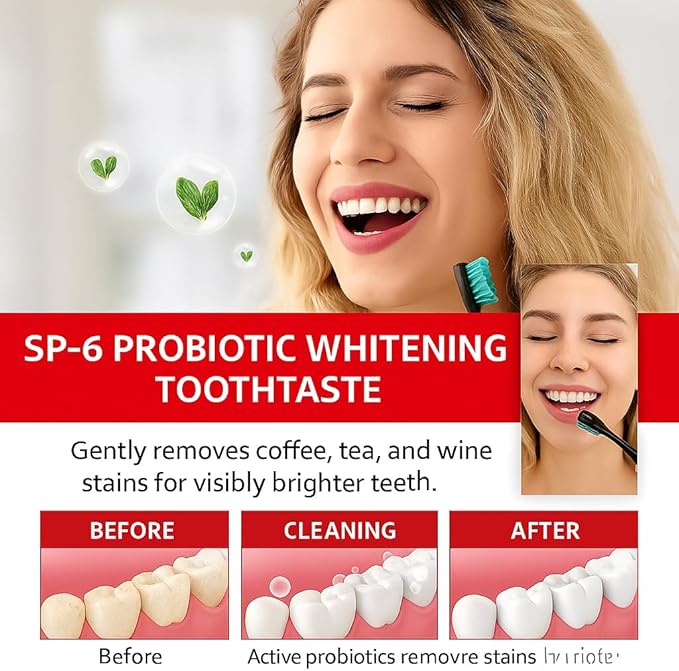 SP-6 Probiotic Whitening Toothpaste - Advanced Deep Stain Removal for Coffee, Tea & Smokers - Natural Teeth Whitener for Sensitive Enamel - Fresh Breath Mint Flavor [2 Pack / 2x100g]