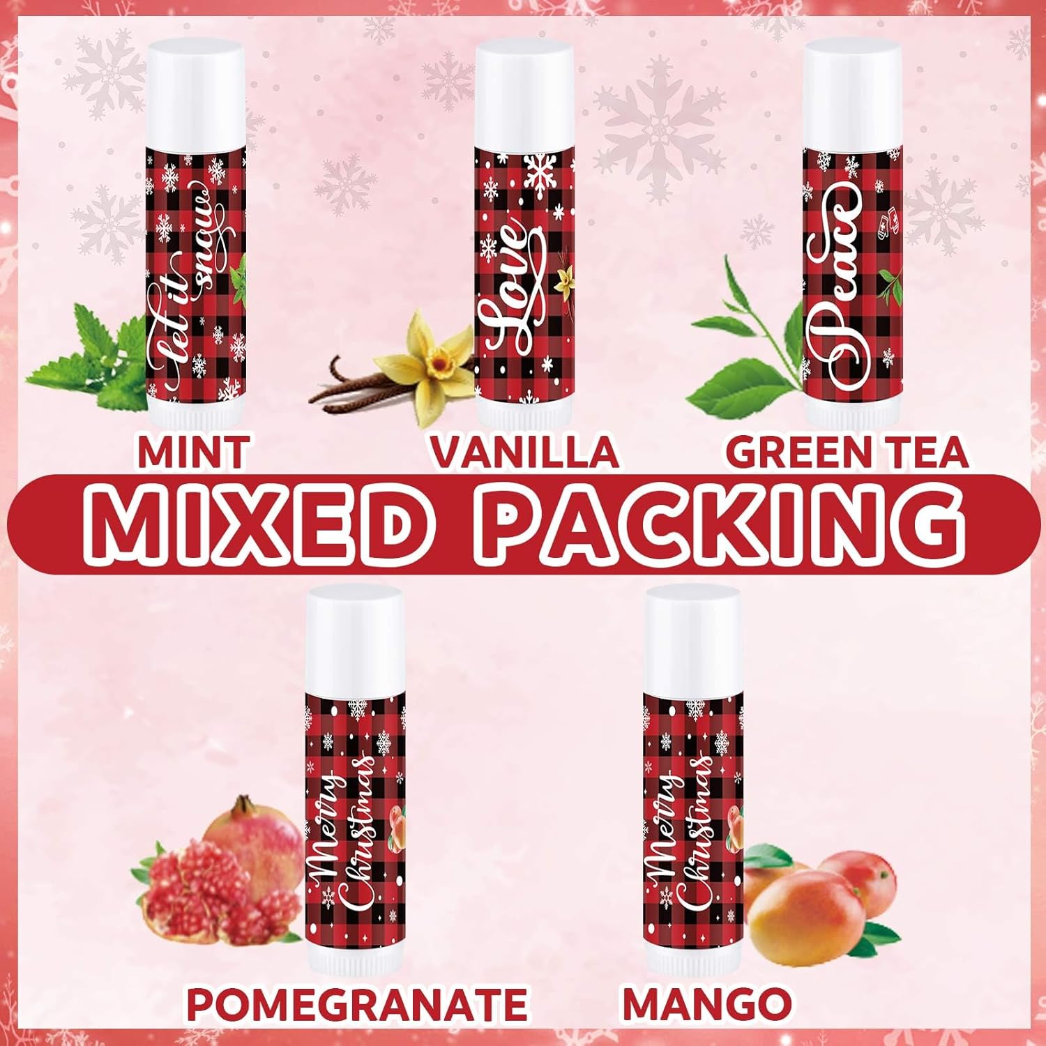 Dunzy 50 Pcs Christmas Lip Balm Bulk Red and Black Buffalo Plaid Christmas Gift for Women Moisturizing Lip Care Product for Seasonal Winter Holiday Xmas Party Gift