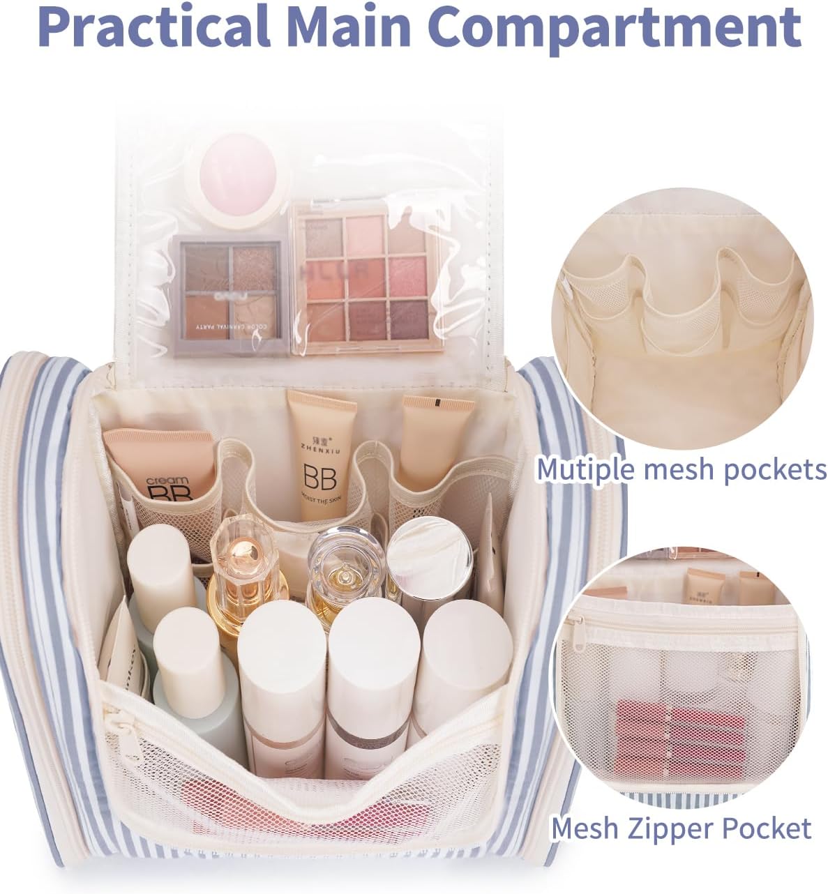 Narwey Striped Hanging Travel Toiletry Bag for Women, Travel Bag for Toiletries, Makeup Bag Organizer Cosmetic Bags Make Up Bags for Women (Greyish Blue Stripe)