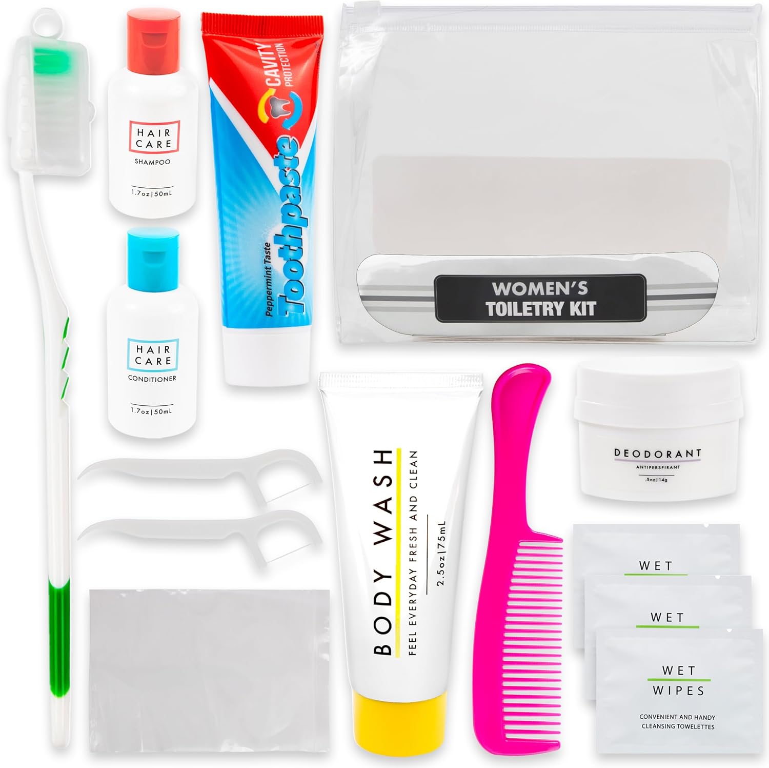 Trail maker (25 Kits) Homeless Care Package Supplies Bulk Summer Hygiene Travel Kits for Women, 15 Piece Travel Size Toiletries, Homeless Supplies in Bulk for Charity