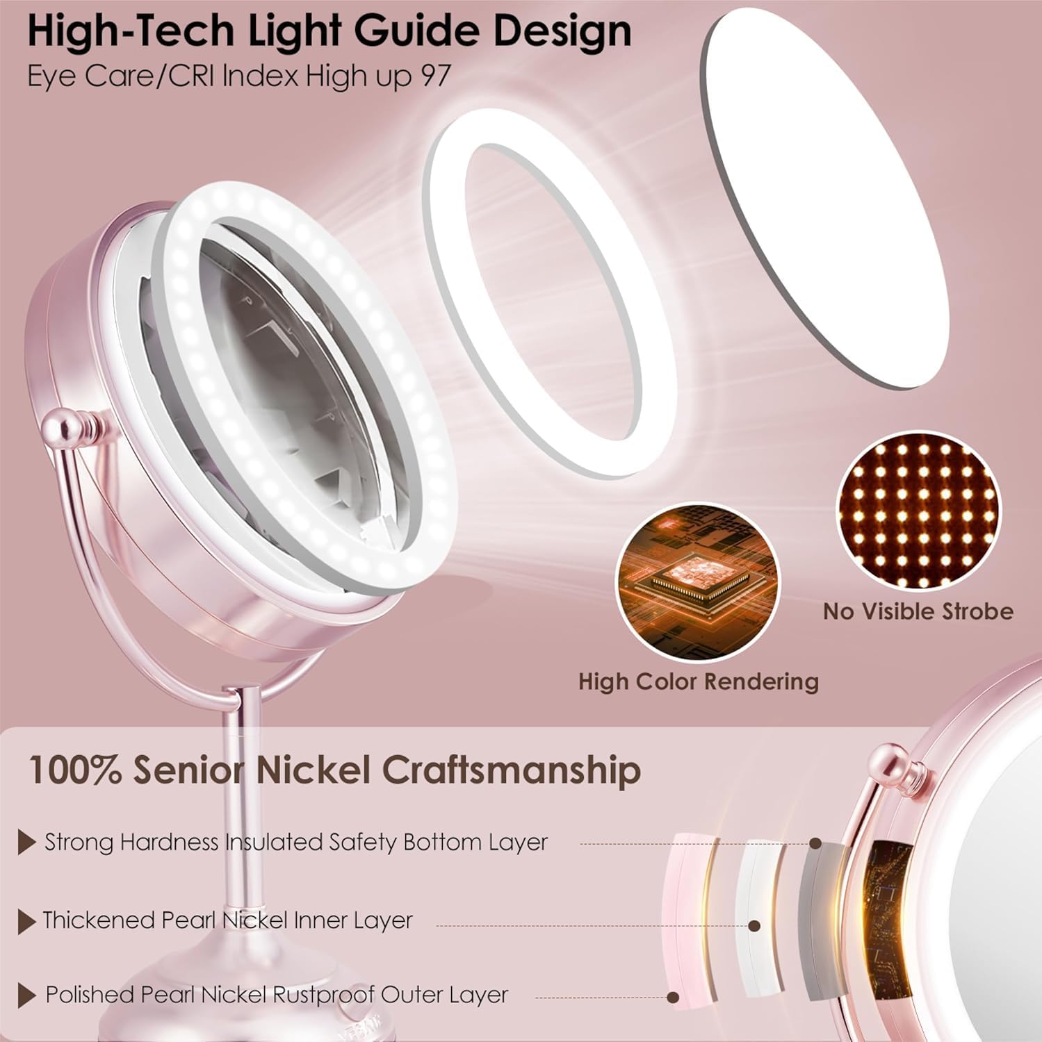 VESAUR Lighted Makeup Mirror Rose Gold Nickel, Double Sided 1X/10X HD Undistorted Magnifying Mirror, 8.5" Vanity Mirror with 3 Colors Dimmable 90 Bright LEDs, 360°Swivel Two Power Supply, Luxury Gifts