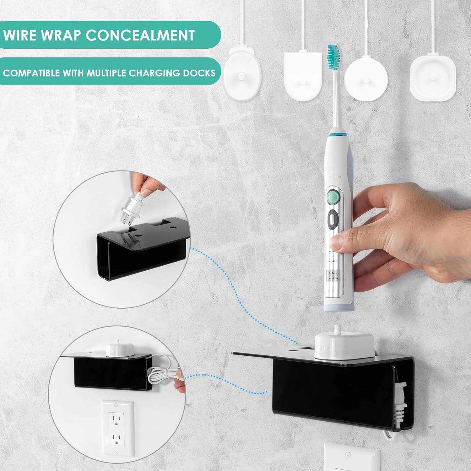 Modern Acrylic Wall Mounted Electric Toothbrush Holder with Hidden Cable Management - Space-Saving Bathroom Organizer for Shower-Safe, Waterproof Adhesive Mount No Drill-Matte Black