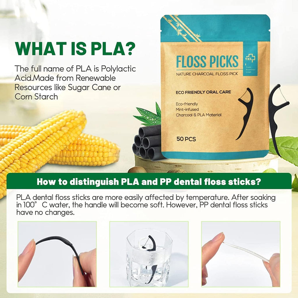 Y-Kelin Natural Dental Floss Picks - Vegan, Eco Friendly Black Bamboo Charcoal Dental Teeth Stick Tooth Pick Toothpick Flosser for Oral Care with a Fresh Feel Minty Flavor (200 Pcs)