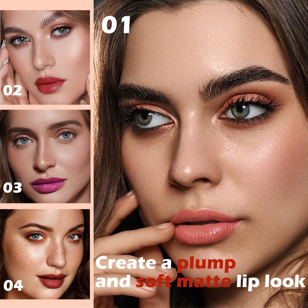 4Pcs Matte Lipstick Set for Women, Warm Pink Coral Red Purple Dark Red Lipsticks Lip Balm, Long Lasting Waterproof Transfer-Proof Vegan Lip Gloss Beauty Products Makeup All-Day Formula SetA01