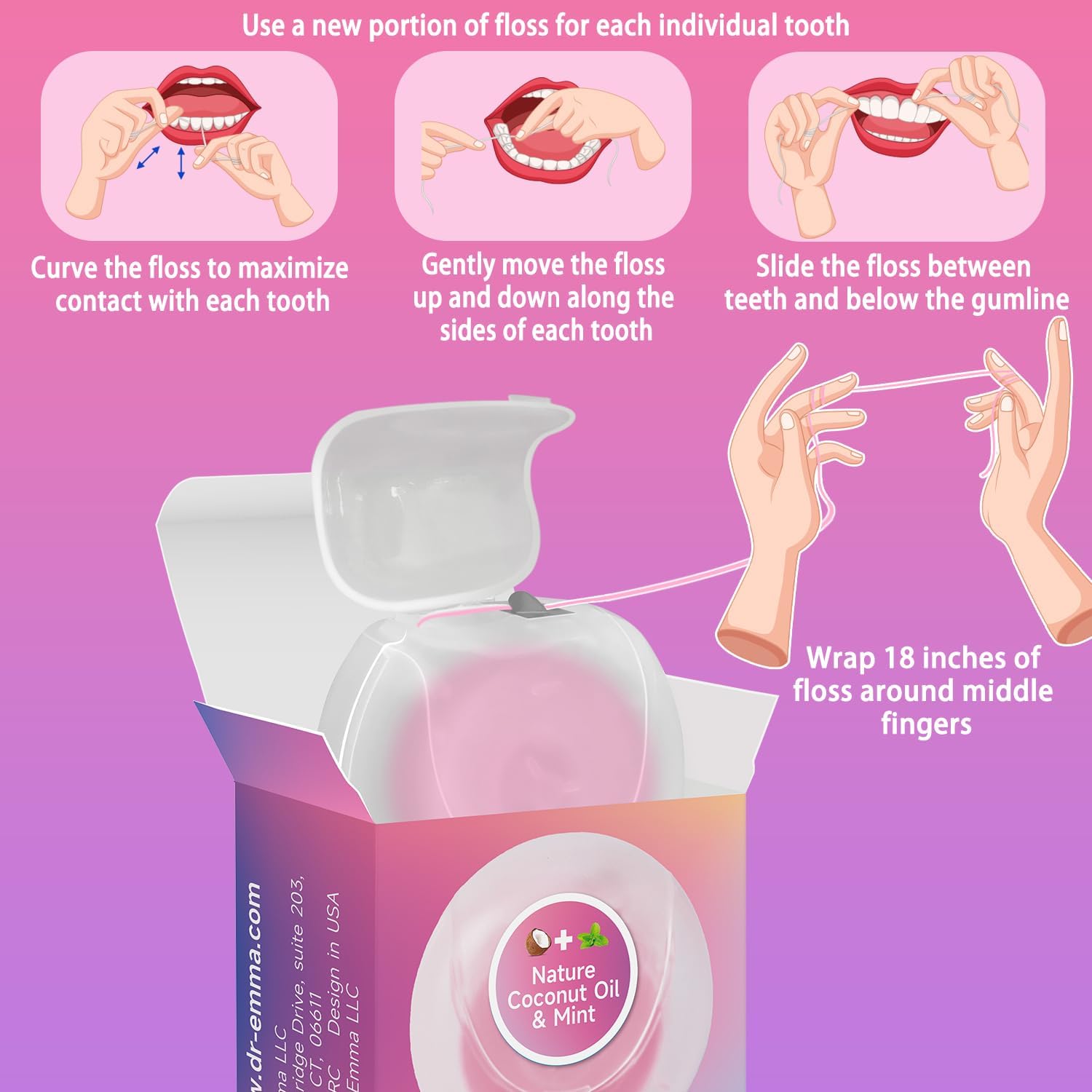 Dr. Emma Woven Dental Floss Coconut Oil Infused Expanding Dental Floss, Oral Care Stretchable Floss, Mint 33yd Pink, Pack of 4