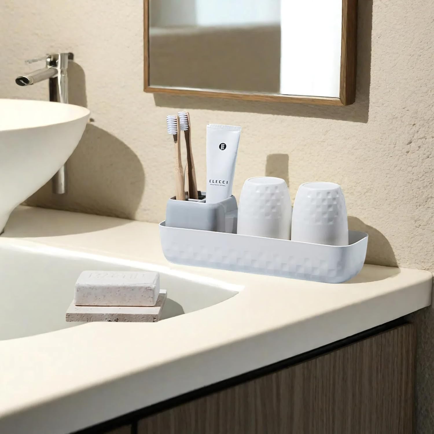 Toothbrush Holder Set - Toothbrush Holder for Bathroom Organizer, Electric Toothbrush & Toothpaste Holder, Bathroom Accessories Set, White & Grey