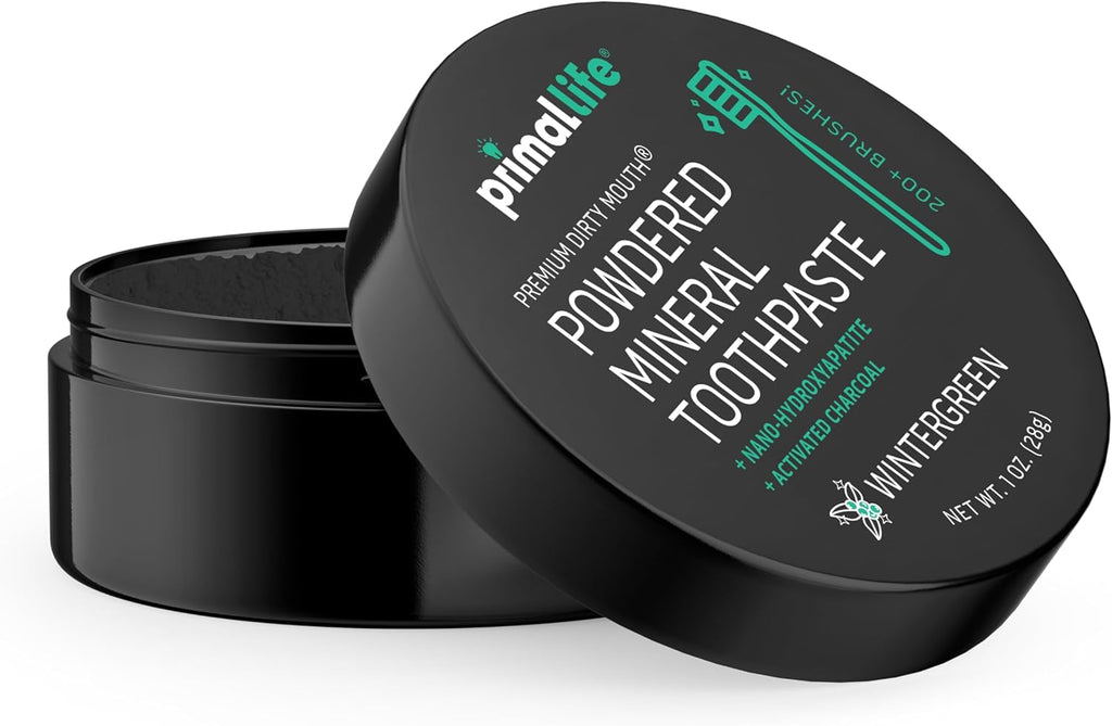 Primal Life Organics - Dirty Mouth Toothpowder, Activated Charcoal Tooth Cleaning Powder, Essential Oils Natural Kaolin & Bentonite Clay, 200+ Brushings Organic Vegan (Charcoal Wintergreen, 1 oz)