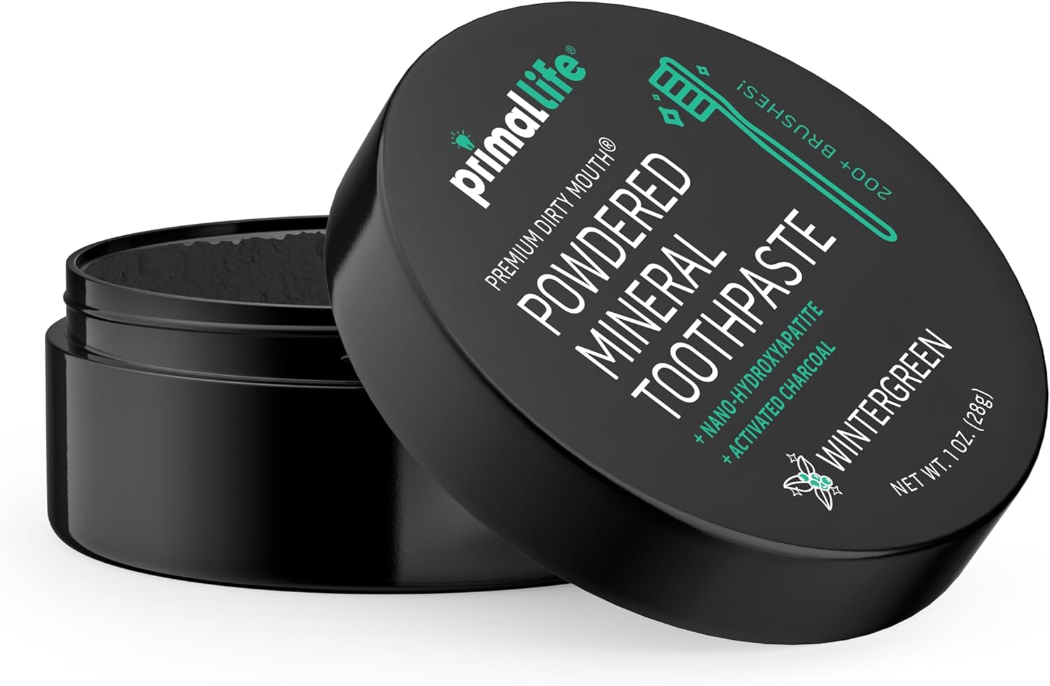 Primal Life Organics - Dirty Mouth Toothpowder, Activated Charcoal Tooth Cleaning Powder, Essential Oils Natural Kaolin & Bentonite Clay, 200+ Brushings Organic Vegan (Charcoal Wintergreen, 1 oz)