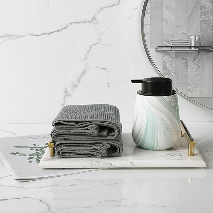 12Oz Ceramic Liquid Soap Dispenser - Modern Lotion Hand Soap Dispenser with Easy-to-Press Black Pump, Reusable and Refillable Dish Soap Dispensers for Bathroom & Kitchen, Marble Green