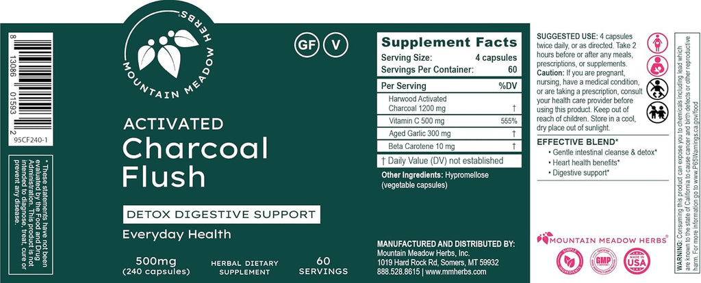 Mountain Meadow Herbs Activated Charcoal Flush – Natural Detox Cleanse Supplement for Digestion, Gas Relief, and Bloating Support – Activated Charcoal Capsules for Internal Cleansing 240ct