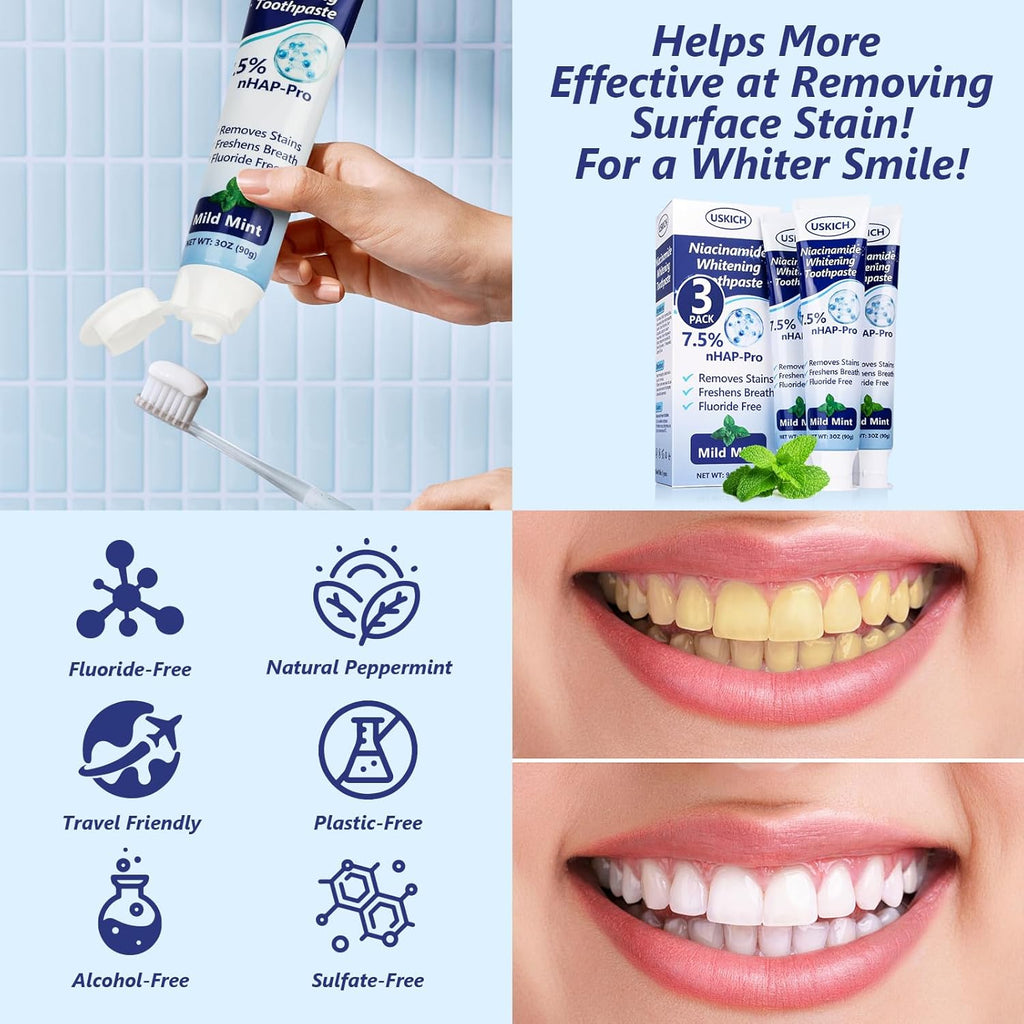 7.5% Nano-Hydroxyapatite Toothpaste,3 Pack Fresh Breath Whitening Toothpaste for Remineralizing Enamel & Sensitive Relief,Antiplaque,Natural Peppermint,Fluoride-Free