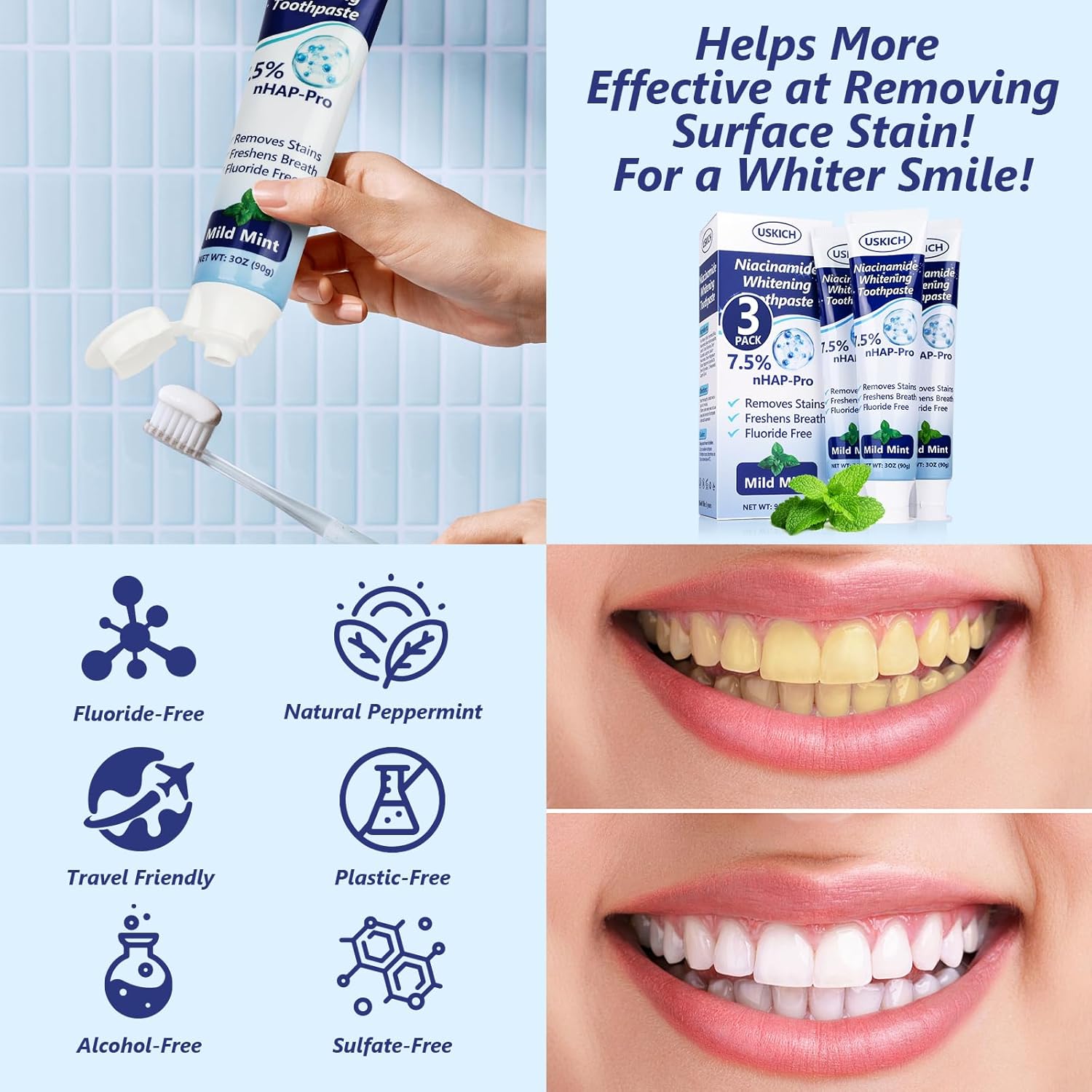 7.5% Nano-Hydroxyapatite Toothpaste,3 Pack Fresh Breath Whitening Toothpaste for Remineralizing Enamel & Sensitive Relief,Antiplaque,Natural Peppermint,Fluoride-Free