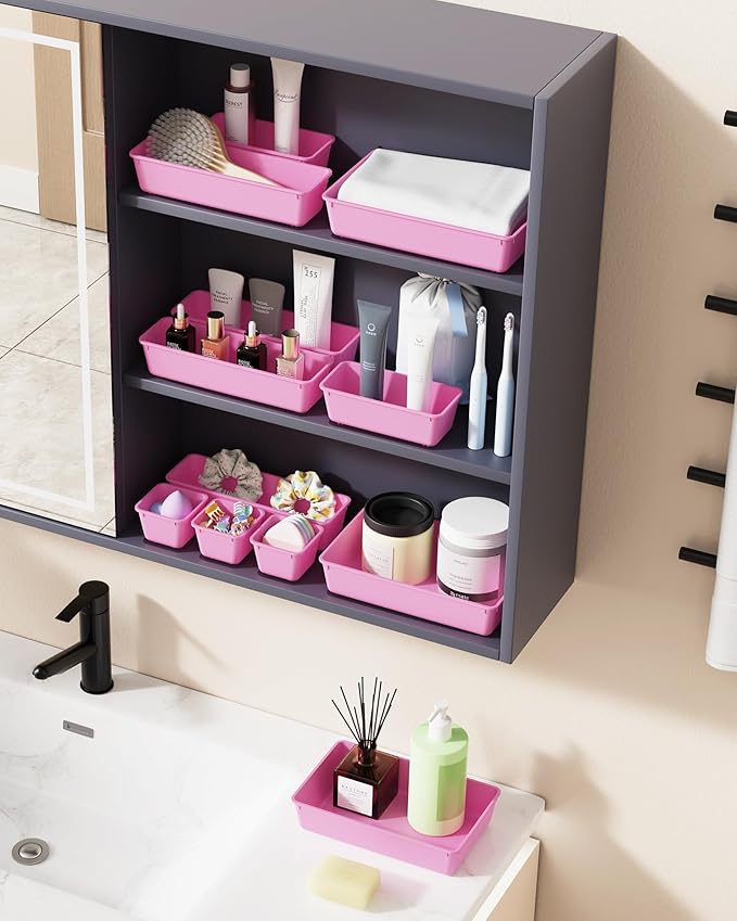 25 PCS Plastic Drawer Organizers Set, 4-Sizes Vanity and Makeup Organizer, Desk and bathroom Drawer Organizer Trays, Organizers and Storage for Makeup, Jewelry, Gadgets, Utensils(Light Purple)