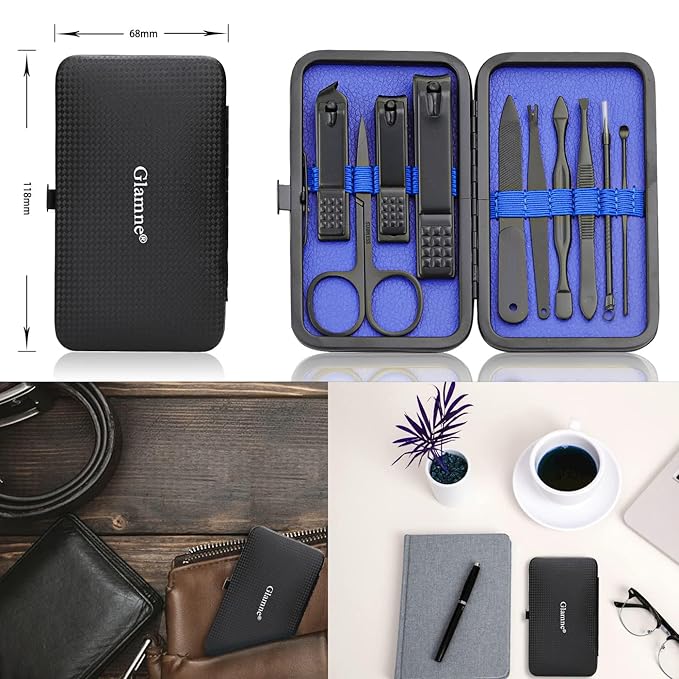 Manicure Set Nail Clippers Kit Professional Stainless Steel Nail Care Tools with Leather Travel Case 10 in 1 Blue