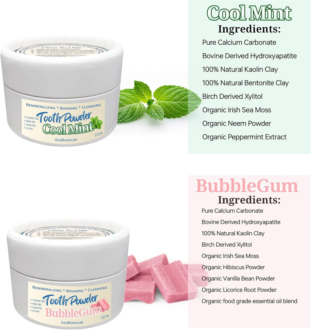 Remineralizing & Cleansing Tooth Powder, Cool Mint. Fluoride Free, SLS Free, Nano Free for Organic Oral Wellness (1 Ounce (Pack of 2), Mint & Bubblegum)