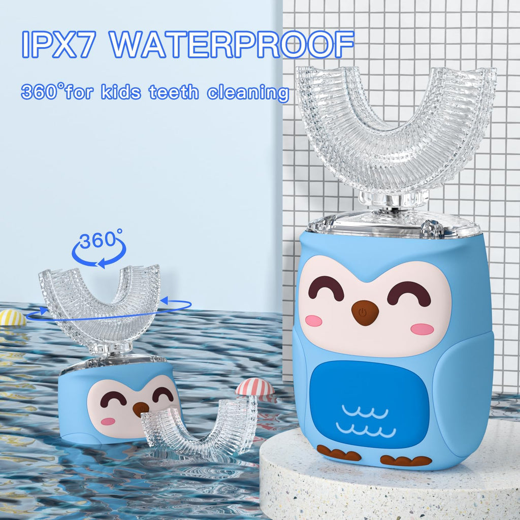 Kids Electric U Shaped Toothbrush Kids Sonic Toothbrush with 4 Soft Brush Head Automatic Full Mouth 6 Cleaning Mode-(Age8-15 Blue)