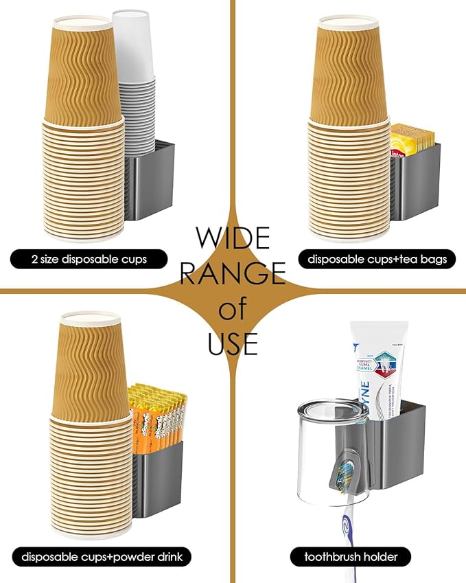 2 Pack Cup Dispenser 2 Seats | Fits 2-16 oz Paper/Plastic Cups, Magnetic & Adhesive Mount, Water Dispenser Cup Holder for Water Cooler, Coffee Station, Office, Bathroom & Wall