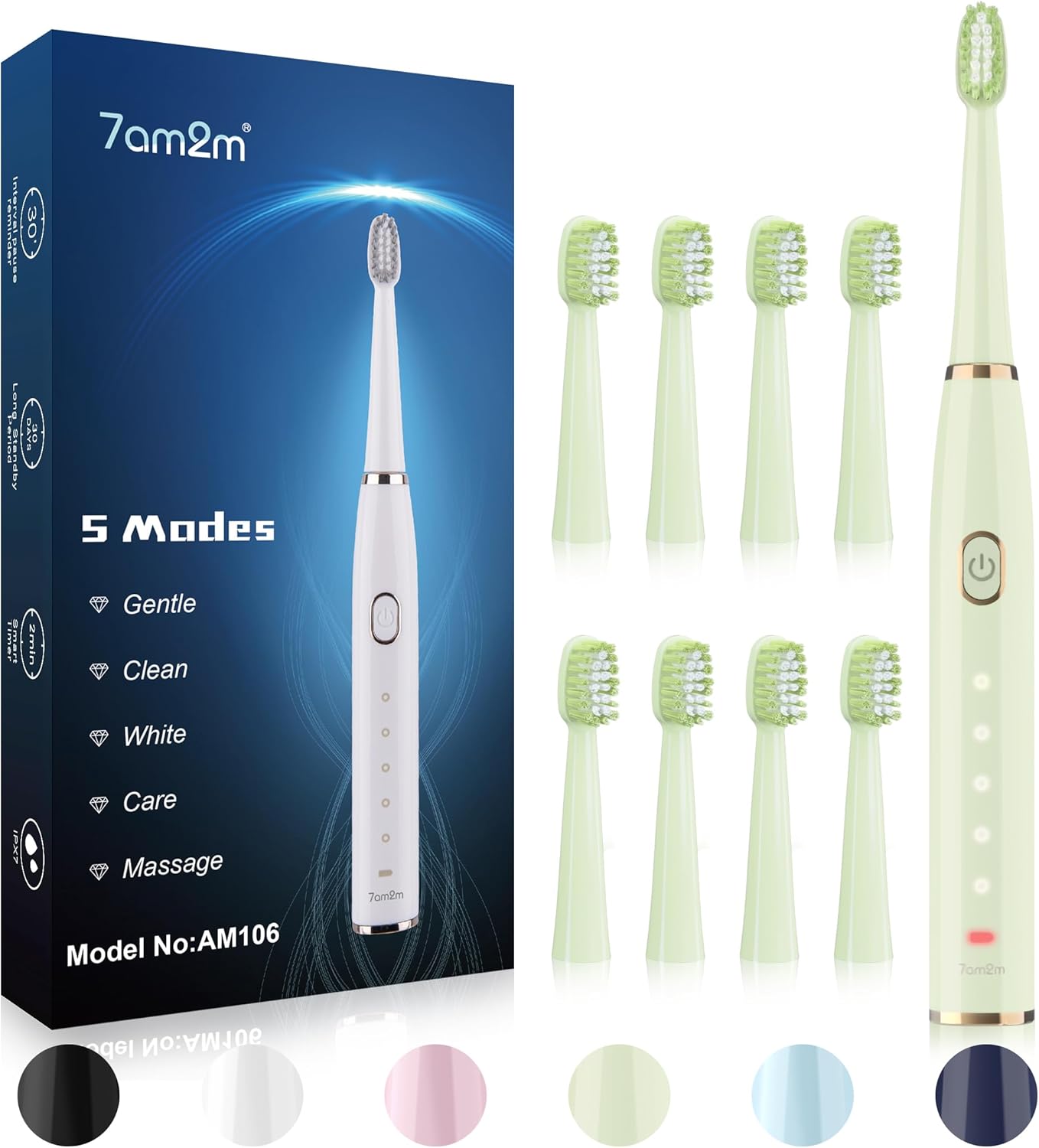 7AM2M Sonic Electric Toothbrush for Adults and Kids- High Power Rechargeable Toothbrushes with 8 Brush Heads,5 Adjustable Modes, Built-in 2-Minute Smart Timer,4 Hours Fast Charge for 30 DaysGreen