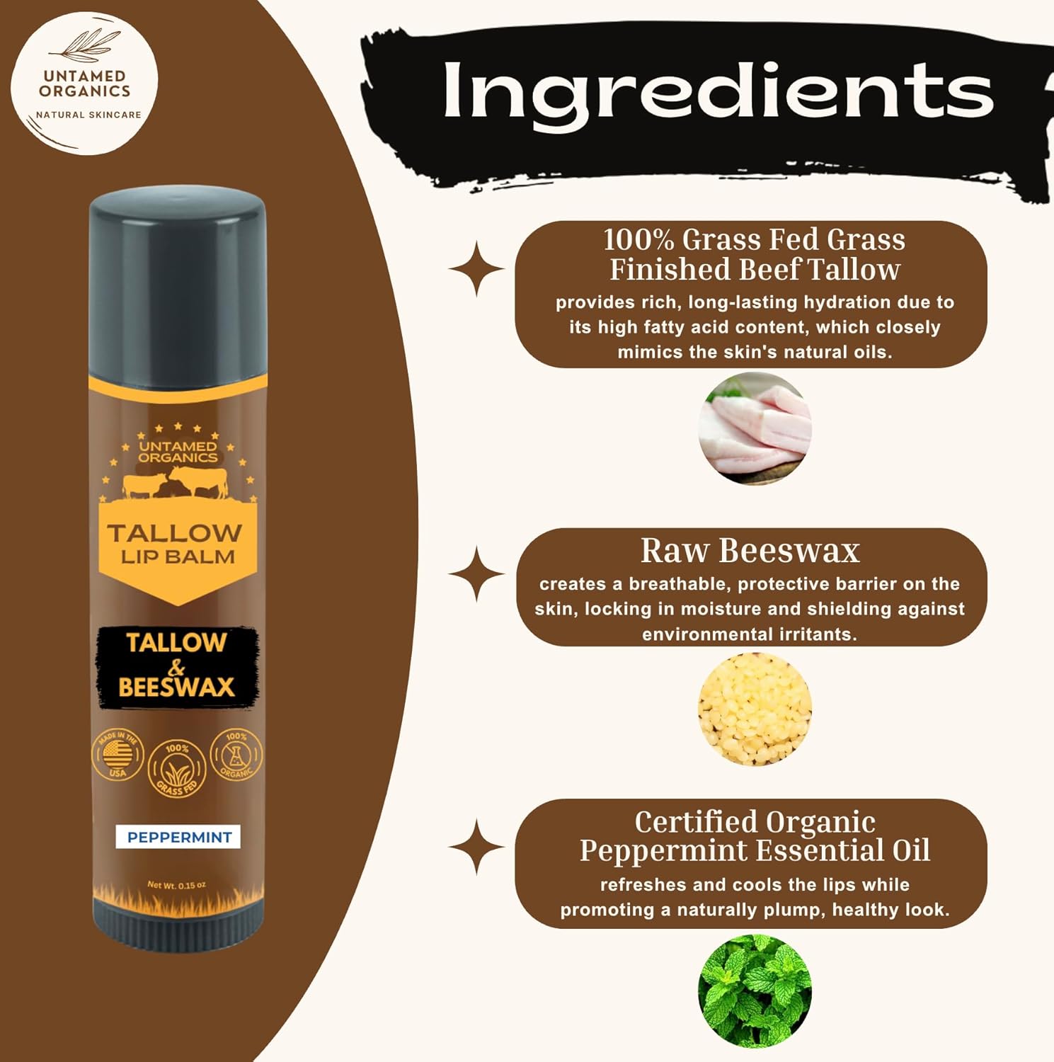 Pure Tallow Lip Balm | 100% Grass-Fed Beef Tallow and Organic Beeswax | Moisturizing Lip Care for Dry, Chapped Lips | Hypoallergenic, Fragrance-Free | Handcrafted in USA | 4-Pack (Peppermint)