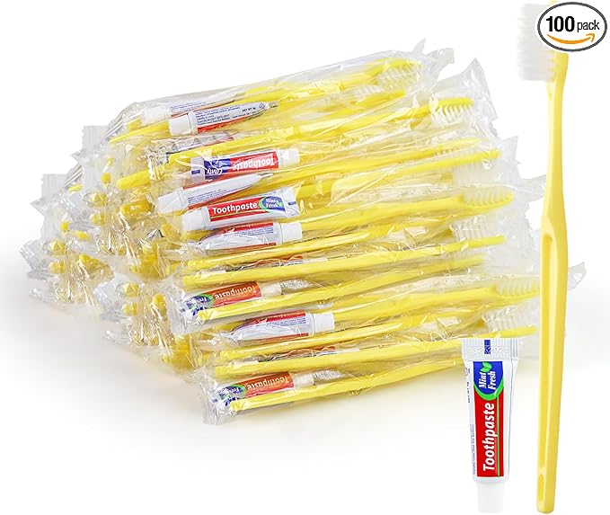 Yellow Disposable Toothbrushes with Toothpaste - Pack of 100,Individually Wrapped Single Use Travel Toothbrushes Kit Bulk for Homeless,Guests,Hotel,Dentist
