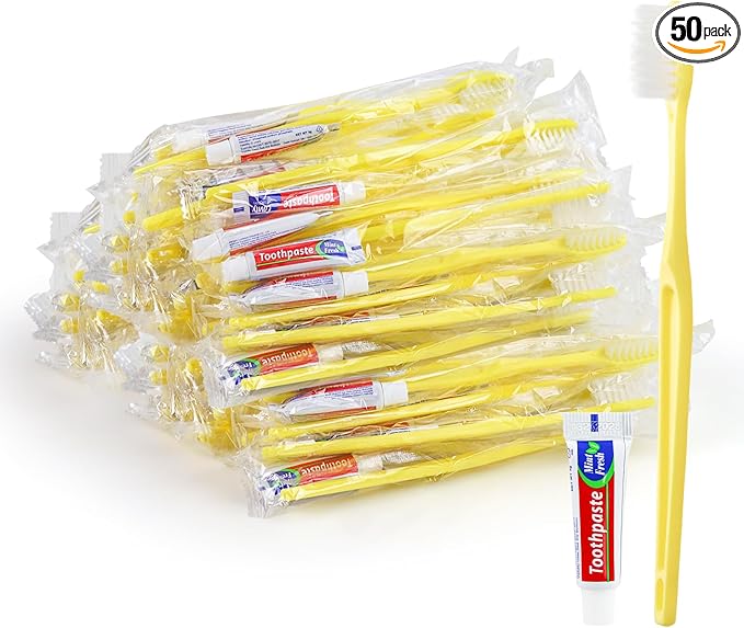 Yellow Disposable Toothbrushes with Toothpaste - Pack of 50,Individually Wrapped Single Use Travel Toothbrushes Kit Bulk for Homeless,Guests,Hotel,Dentist