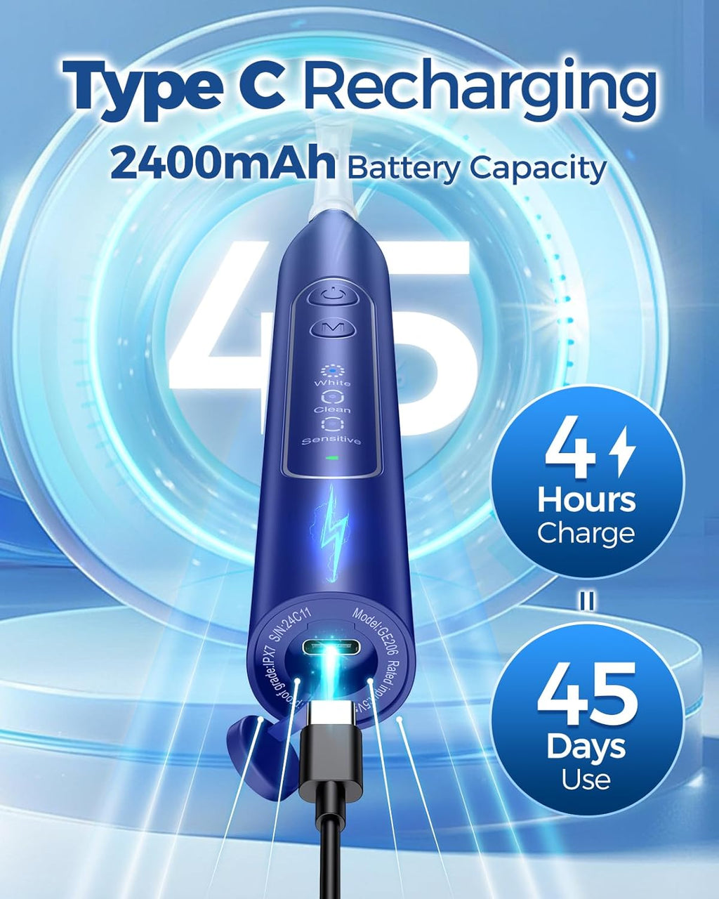TEETHEORY Rotating Electric Toothbrush for Adults with 8 Brush Heads, Deep Clean Rechargeable Electric Toothbrush with 4 Modes and 2 Min Smart Timer, Last 30 Days and IPX7 Waterproof Blue