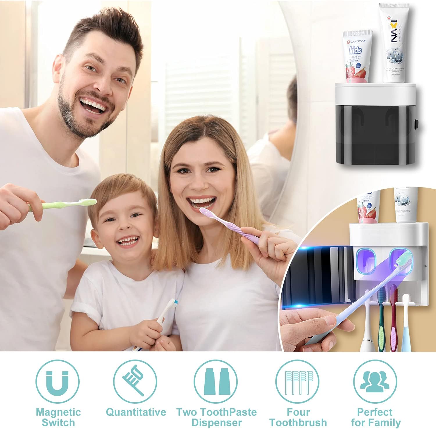Toothbrush Holder Toothpaste Dispenser Wall Mounted with Cover, 4 Slots Tooth Brush Storage Organizer with Automatic Kids Toothpaste Squeezers for Shower Bathroom Black