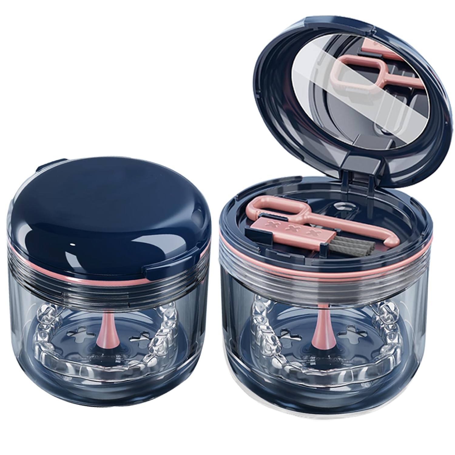 Retainer case, Denture Bath Cup，Retainer Cleaner Case Box,Night Mouth Guard Case Holder,Storage Soak Container with Drain Tray for Travel Cleaning with Mirror and Brush