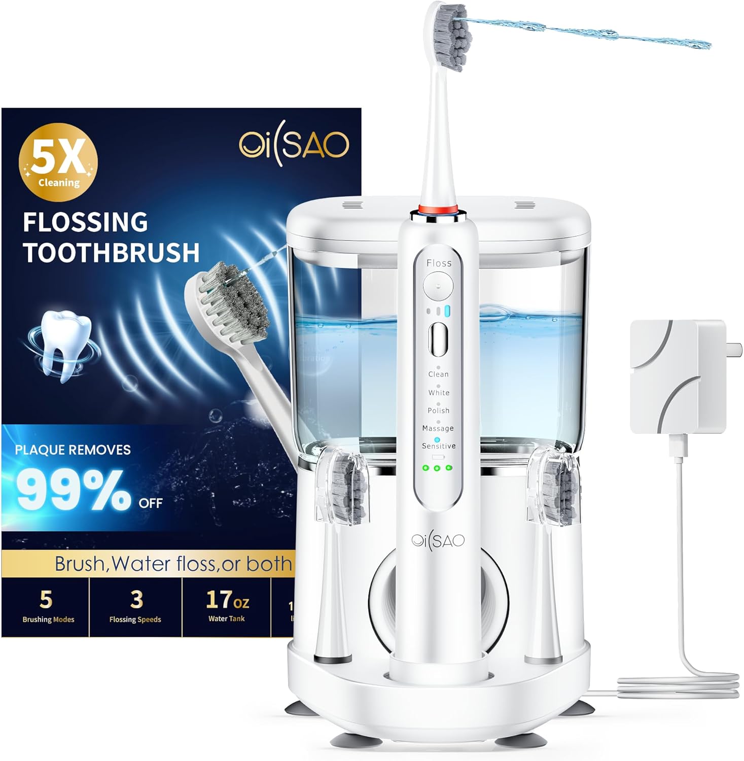 Electric Toothbrush with Water Flosser, Advanced 2.0 Flossing Toothbrush Combo in One with 5 Brush Modes & 3 Floss Speeds,500 ML Cordless,for Adults,Teeth, Gums, Braces, Dental Care,White