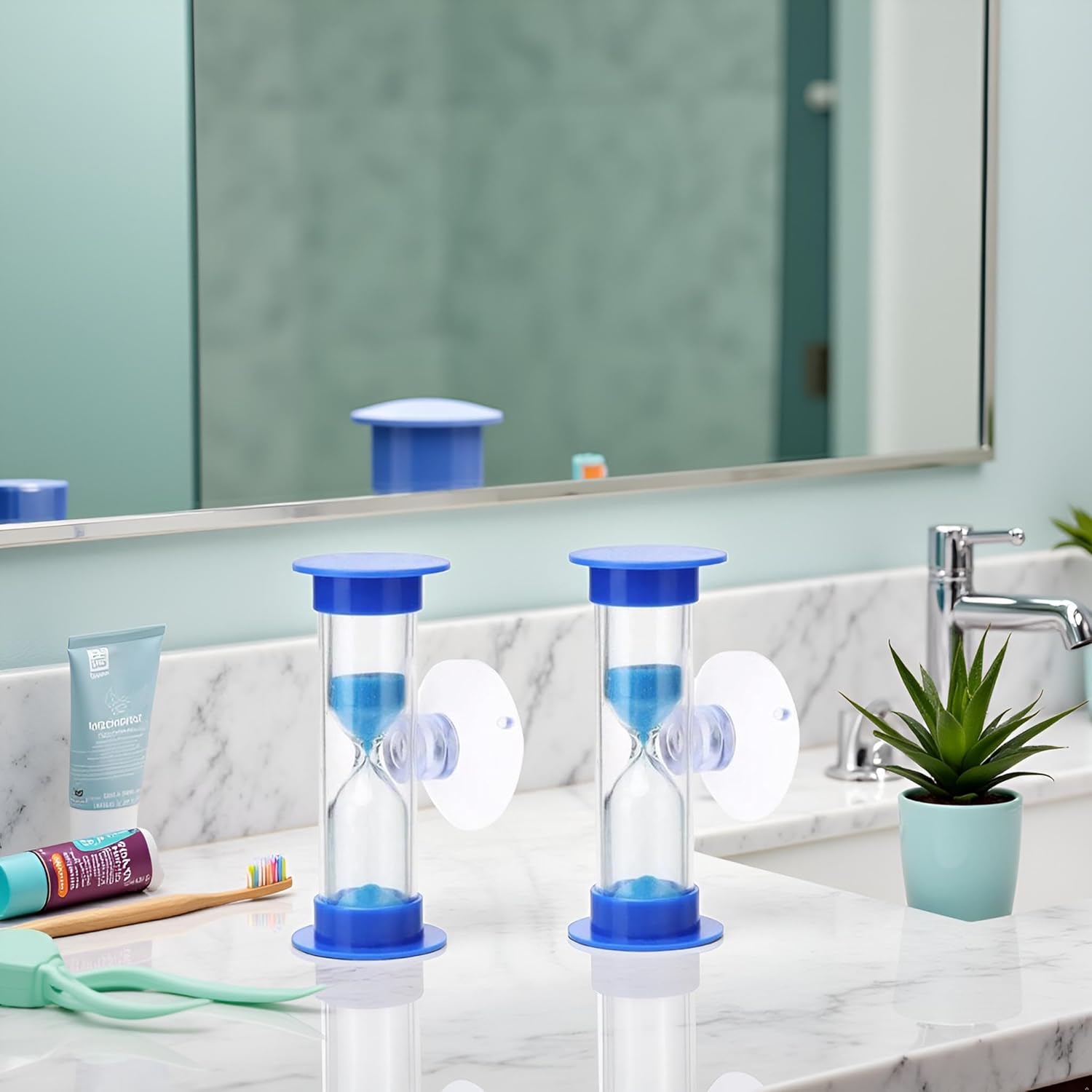 2Pcs Blue Toothbrush Timer for 2mins Sand Clock Timer 2 Minute Sand Timer, Plastic Suction Cup Hourglass Sandglass Desktop Ornament Party Favors