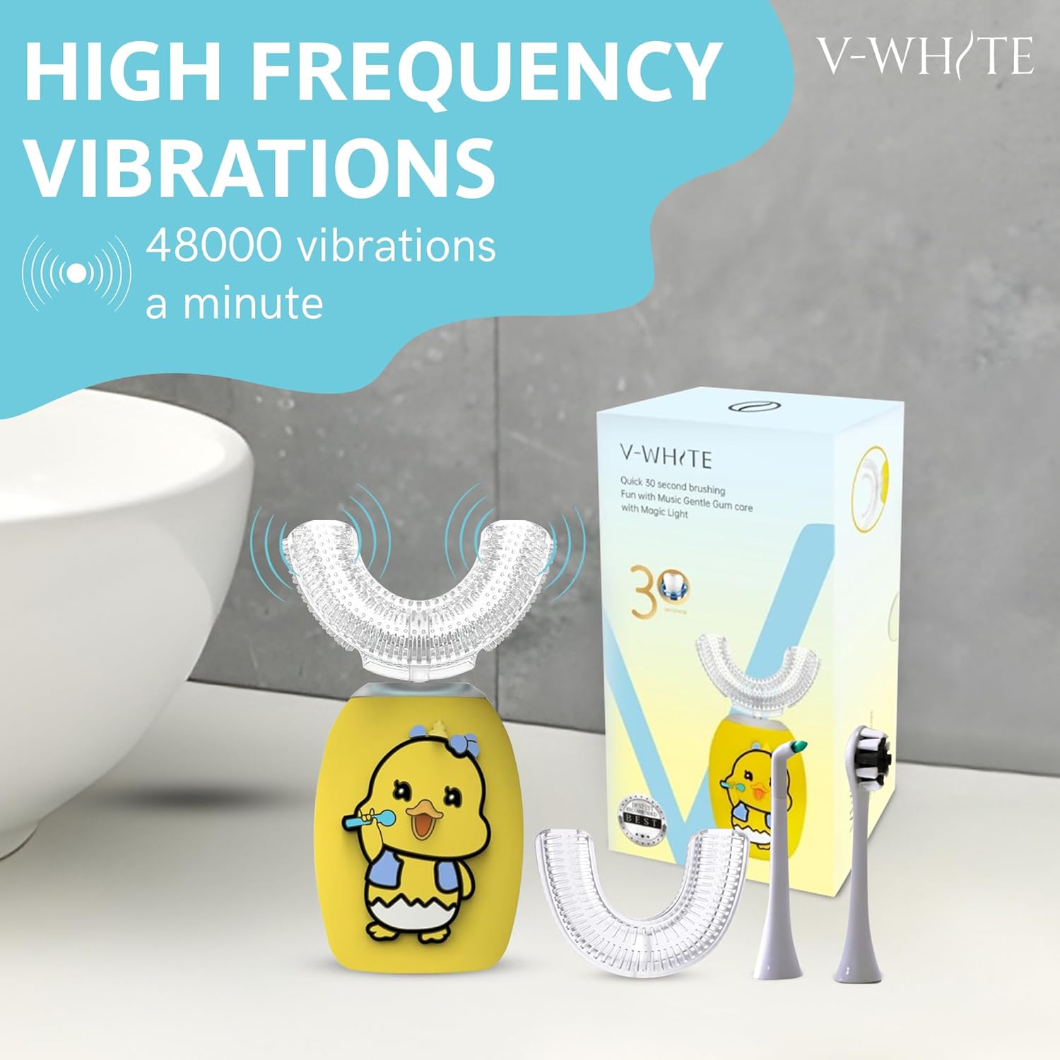 V-WHITE Ultrasonic U-Shaped Toothbrush For Teeth Whitening, Electric Toothbrush - 360° Mouth Cleansing, Hands Free Gums Protection - Wireless Charging - Waterproof IPX7 Certified (YELLOW - KIDS, KIDS)