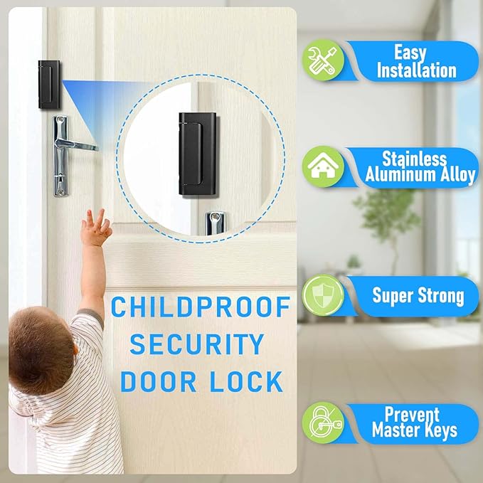 2Pack Home Security Door Reinforcement Lock, Childproof Safety Door Lock Latch Inside Stopper, Add High Security to Prevent Home Unauthorized Entry, Aluminum Construction Finish Black
