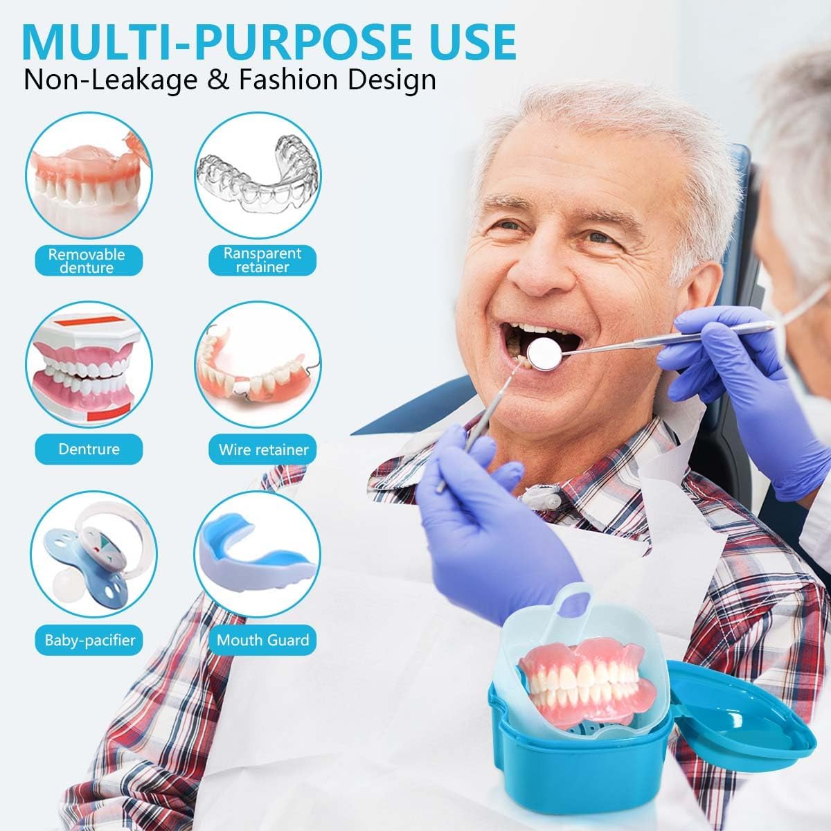 2 Pack Colors Denture Bath Case Cup Box Holder Storage Soak Container with Strainer Basket for Travel Cleaning (White and Light Blue)