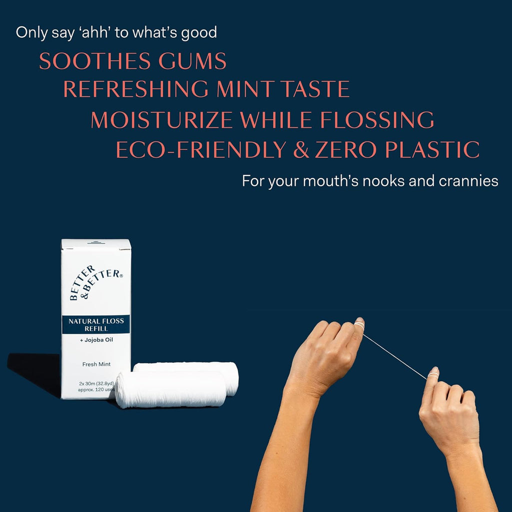 Better & Better Natural Dental Floss Refill Pack | Waxed & Zero Plastic Oral Care - 100% Plant-Based, Vegan, Eco and Non Toxic Dental Floss, 2 Spools