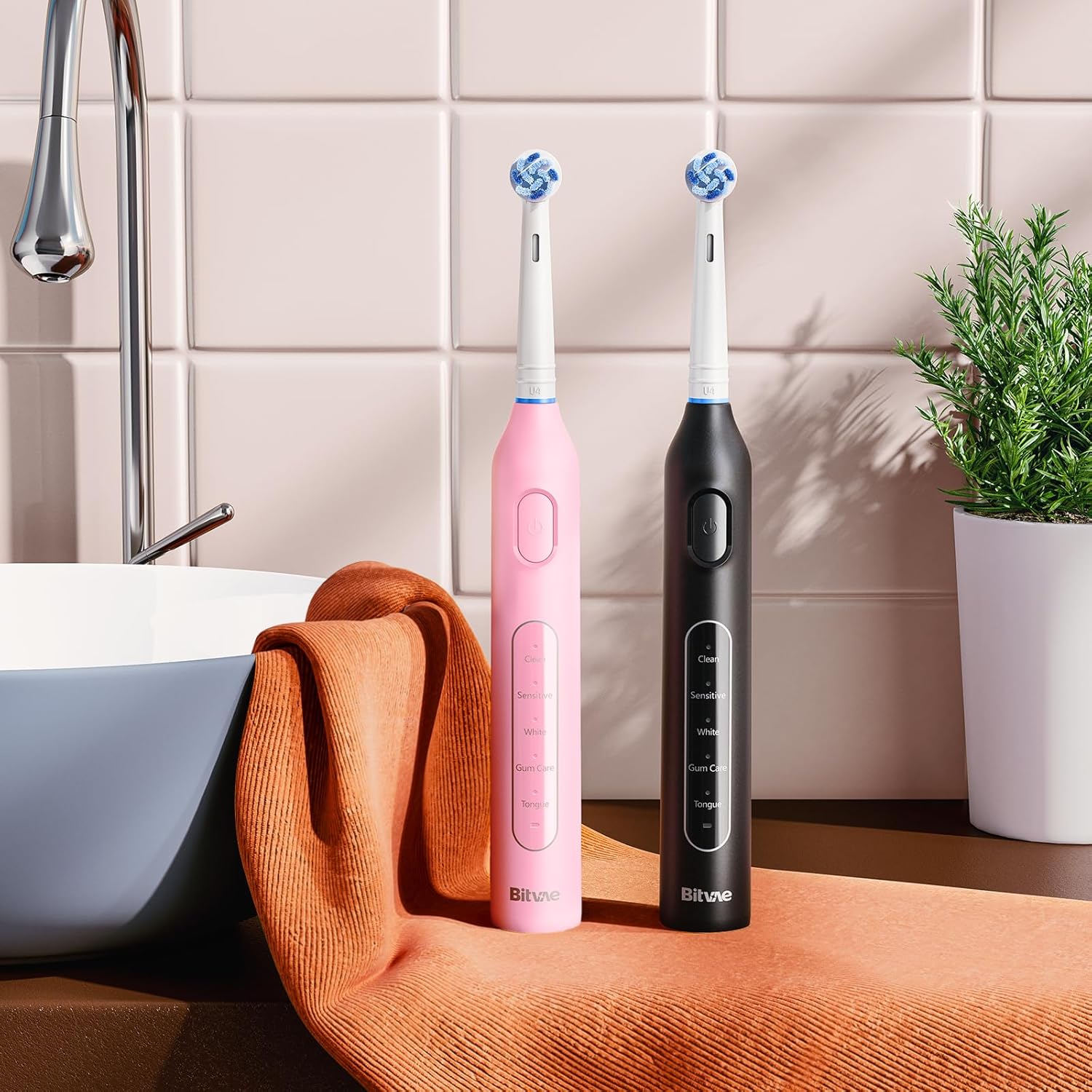 Bitvae Rotating Electric Toothbrush 2 Packs for Adults and Kids, 8 Brush Heads 60-Day Battery Life, 5 Modes Power Toothbrush with 2-Minute Smart Timer, Black & Pink, R1